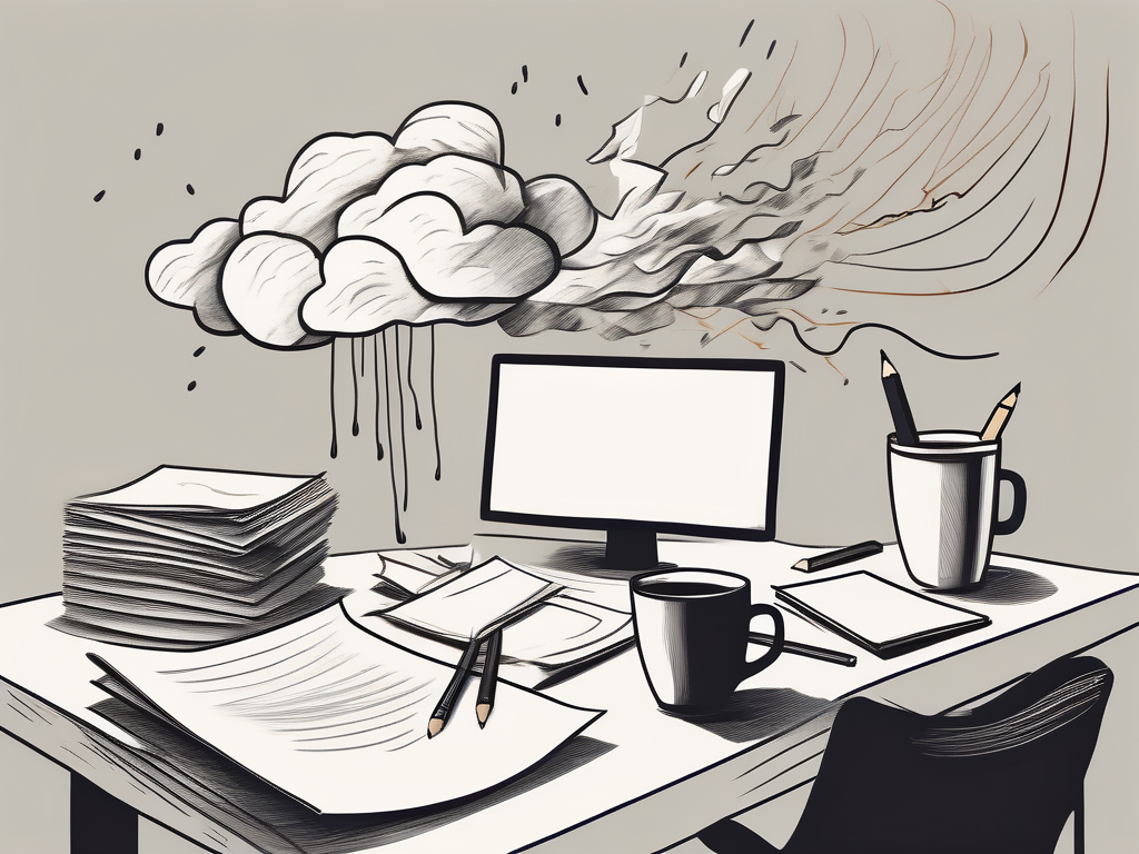 A cluttered desk with scattered papers