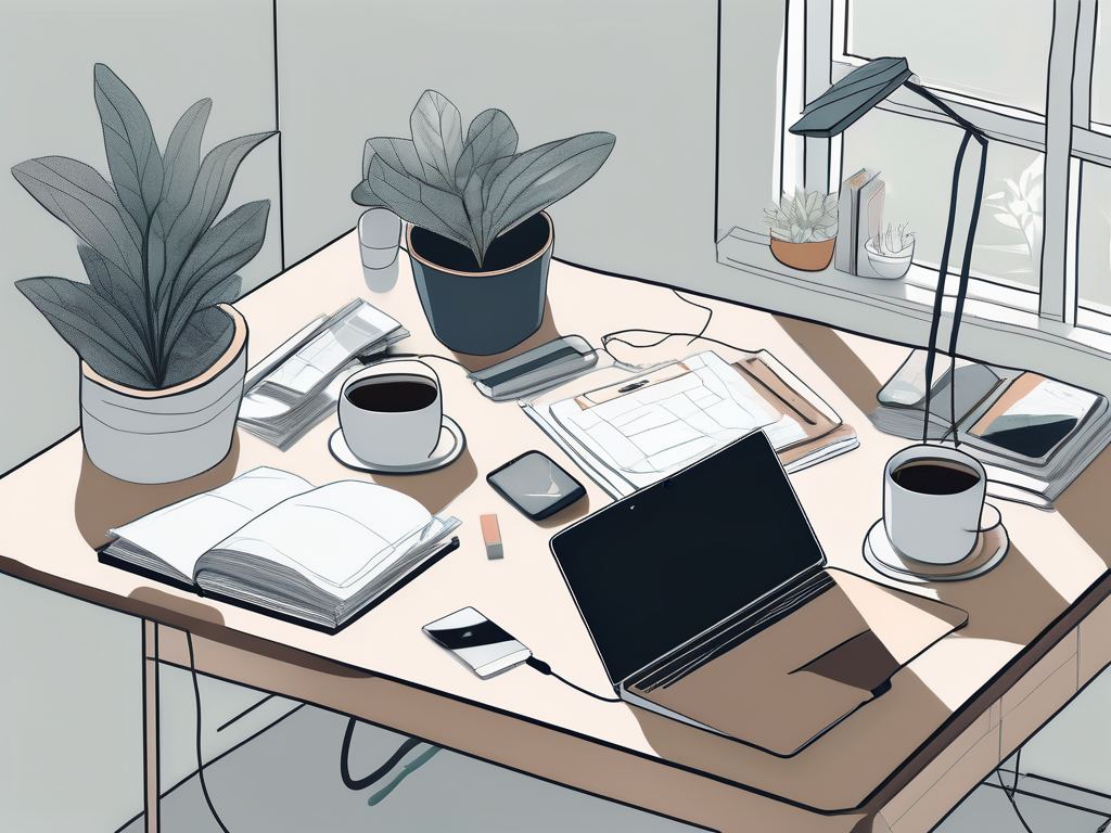 A cluttered desk with scattered papers