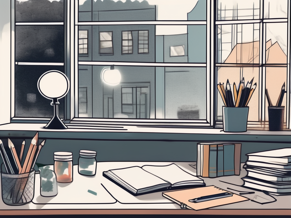 A cluttered desk with scattered school supplies