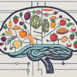 A brain symbolically connected to various food items through dotted lines