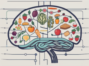 A brain symbolically connected to various food items through dotted lines