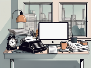 A cluttered desk with a typewriter