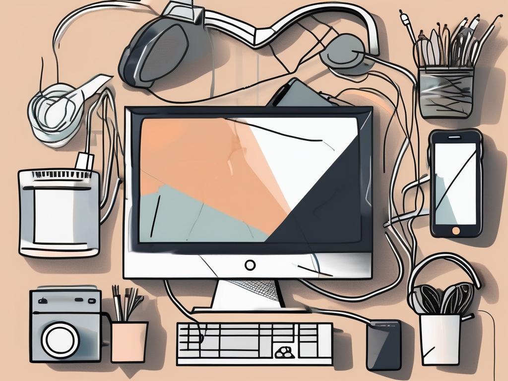 A cluttered desk filled with various distractions like a smartphone