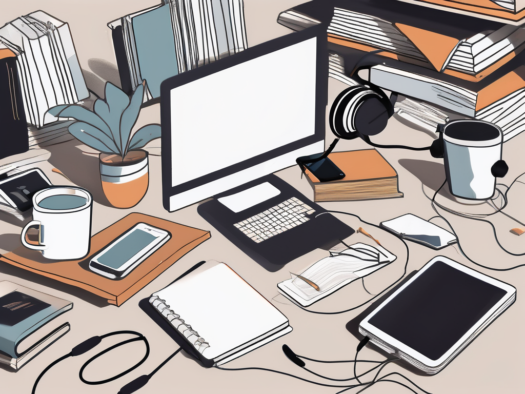 A cluttered desk with scattered objects like a coffee cup